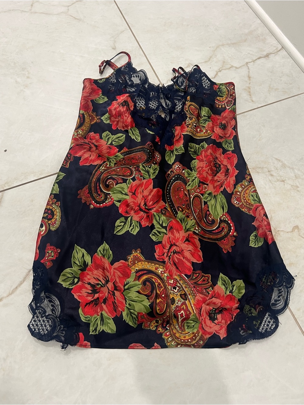 Vintage Gold Label Victoria's Secret Navy Blue Lace Satin Floral Chemise Size P